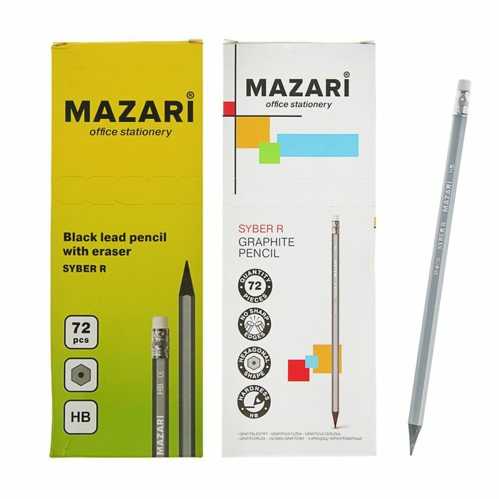 Černá olověná tužka MAZARi HB šestihranný plast Syber R, s gumou