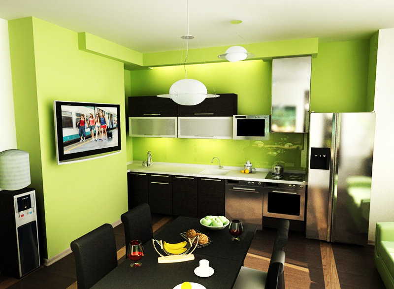Perinteisempi ja rento suunnitteluvaihtoehto on vihreän ja mustan yhdistelmä. Käytä tavallista keittiöyksikköä ja maalaa seinät matta vihreällä maalilla.