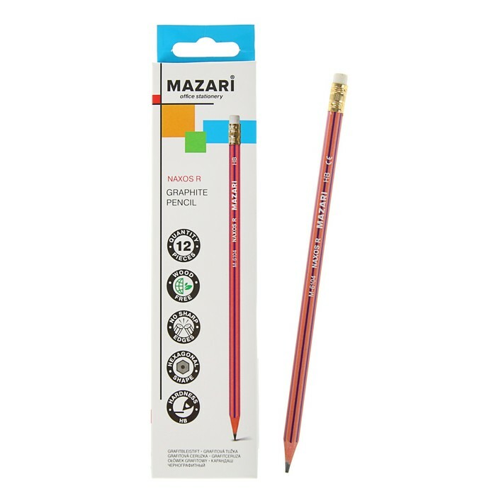 Černá olověná tužka MAZARi HB М-6104 Naxos R plastový šestihran s gumou