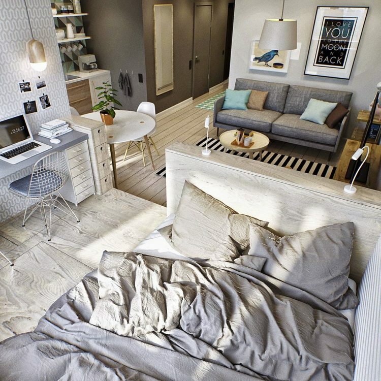 Gray pillows on the bed in a single room