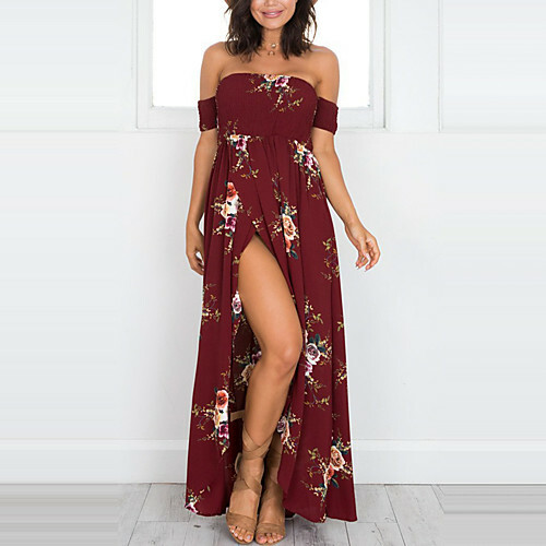 Vrouwelijk Vakantie strand schede jurk - bloemen, print strapless maxi / off-shoulder