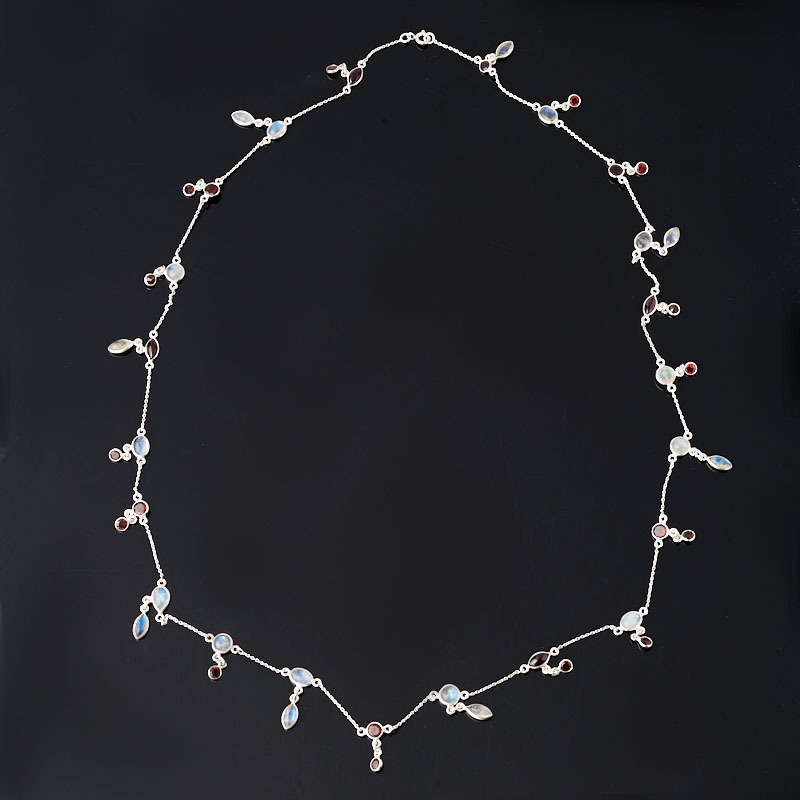 Beads mix garnet, moonstone (chain) long cut 74 cm (silver 925 ex.)