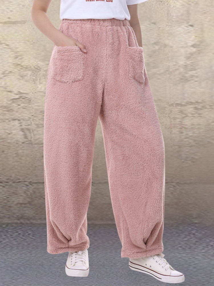 Solid Color Elastic Waist Pants Loose Casual Fleece Pants