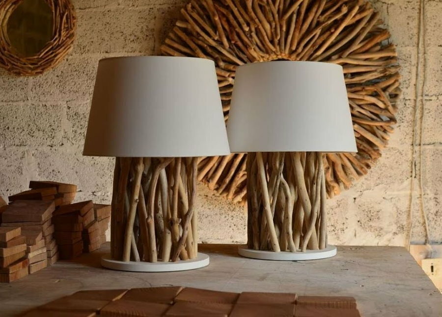 Lamps from tree branches for living room decor in the country
