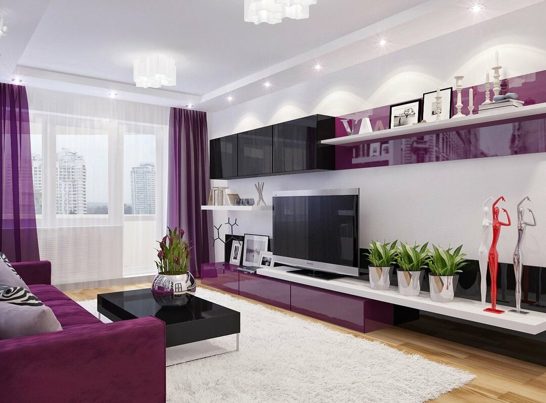 Purple curtains in the interior of a modern living room