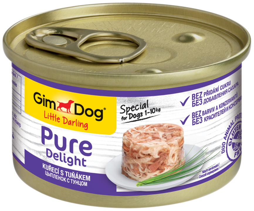 Konservai šunims GIMDOG Pure Delight, tunas, vištiena, 85g