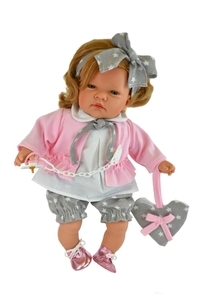 Celia dukke, i en lyserød trøje og med en grå sløjfe (i en æske)