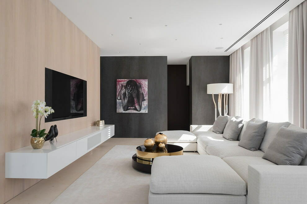 The choice of finishes for the living room in a minimalist style