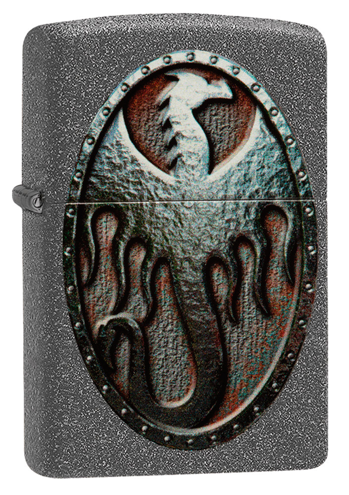 ZIPPO Metal Dragon Shield Design vžigalnik Iron Stone ™, medenina / jeklo, siva mat, 36x12x56mm