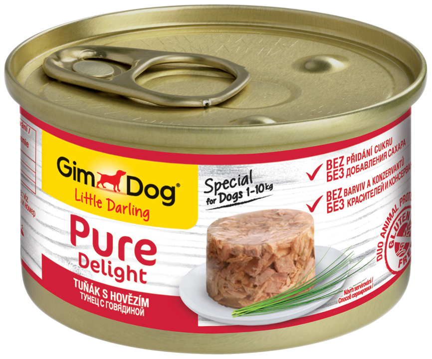 Konservi suņiem GIMDOG Pure Delight, liellopu gaļa, tuncis, 85g