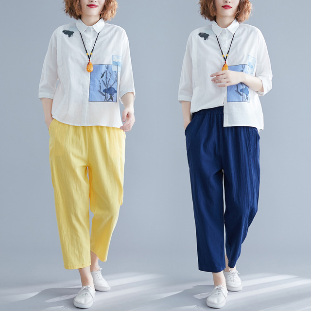 Pamut és vászon öltöny nők új irodalmi temperamentum ötpontos ujjú nyomtatási ing + kilenc pontos hárem nadrág alkalmi