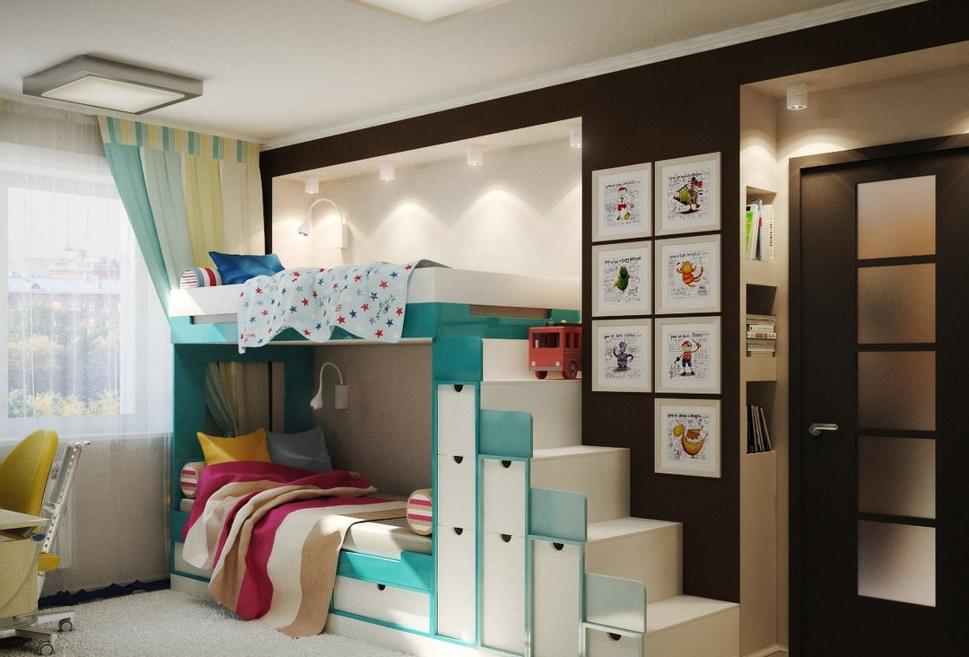 l'équipement du lit de chambre d'enfants avec tiroirs