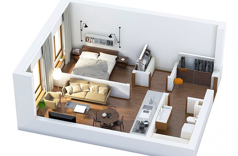 Med ljusa skiljeväggar eller möbler kan den delas in i funktionella zoner. Och ju fler fönster på olika sidor, desto fler alternativ för planering