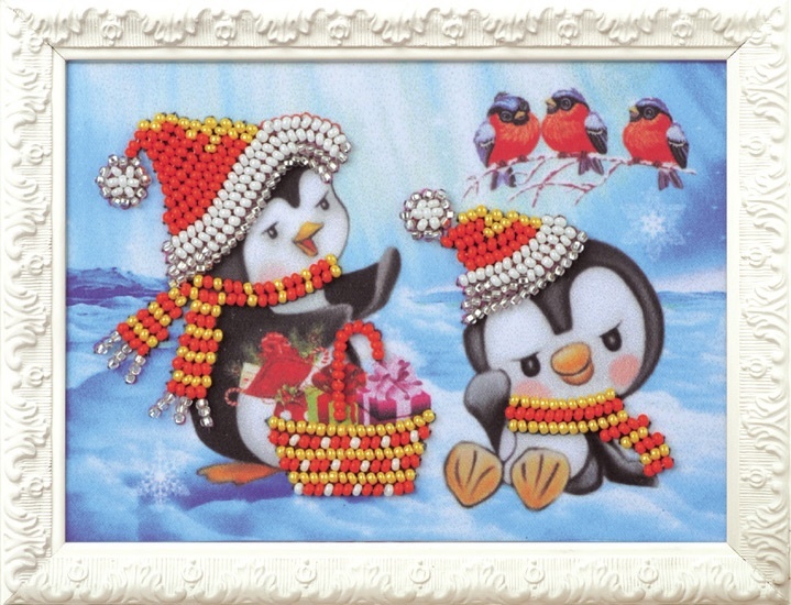 Kit de bordado de miçangas em crochê, art. B-524 Pinguins 15x10 cm