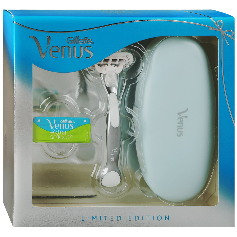 „Gillette Venus Platinum“ dovanų rinkinys skustuvui + 2 pakaitinės kasetės + kelioninis dėklas