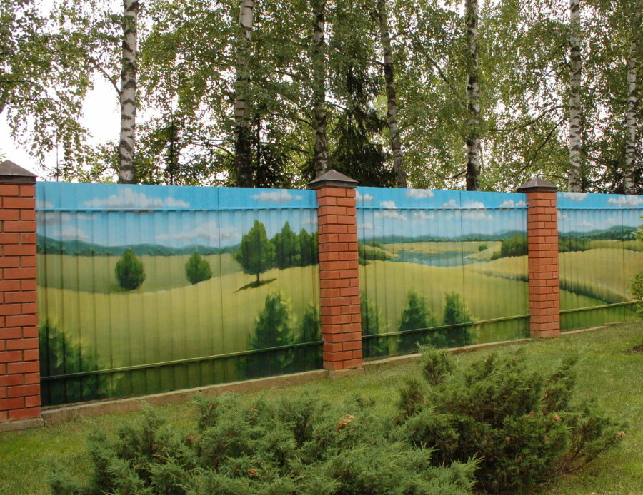 Painting a fence made of profiled sheet on brick pillars