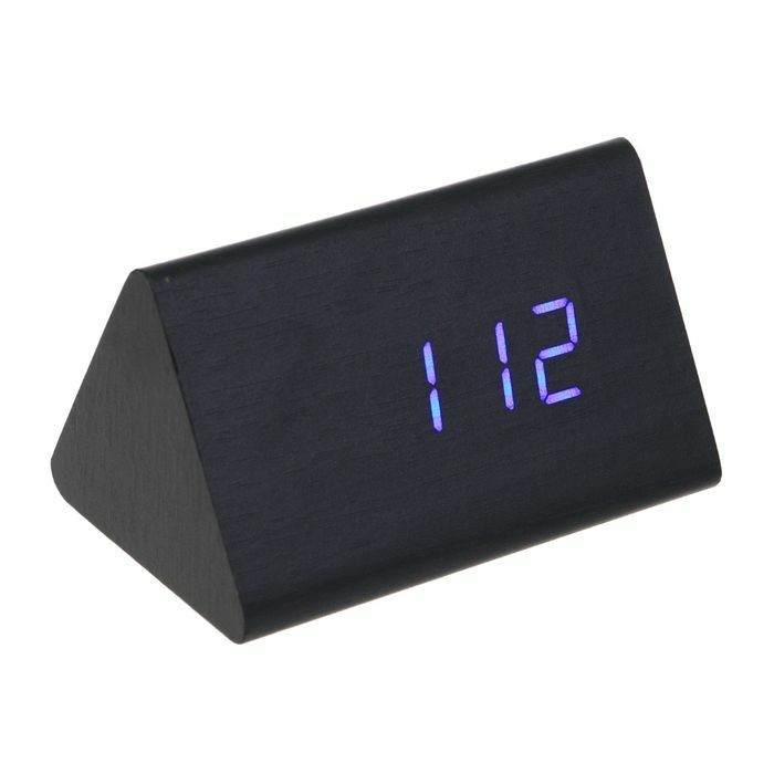Desktop alarm clock electronic, cone, dark wood, blue numbers, from USB, 12 x 8 x 8 cm
