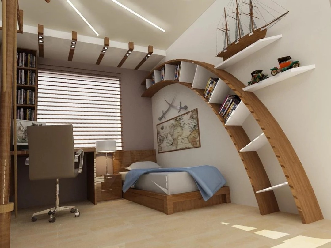 Kącik dla dzieci: szafa, łóżko i biurko w pomieszczeniu wnętrze zdjęć projektowania