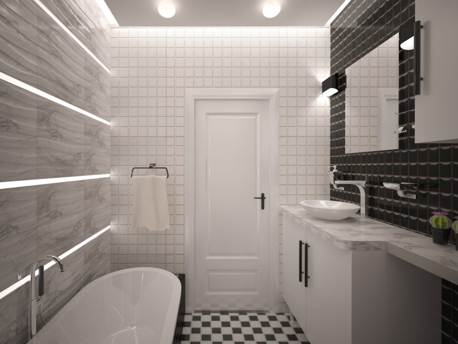 Mažas vonios kambarys minimalizmo stiliumi