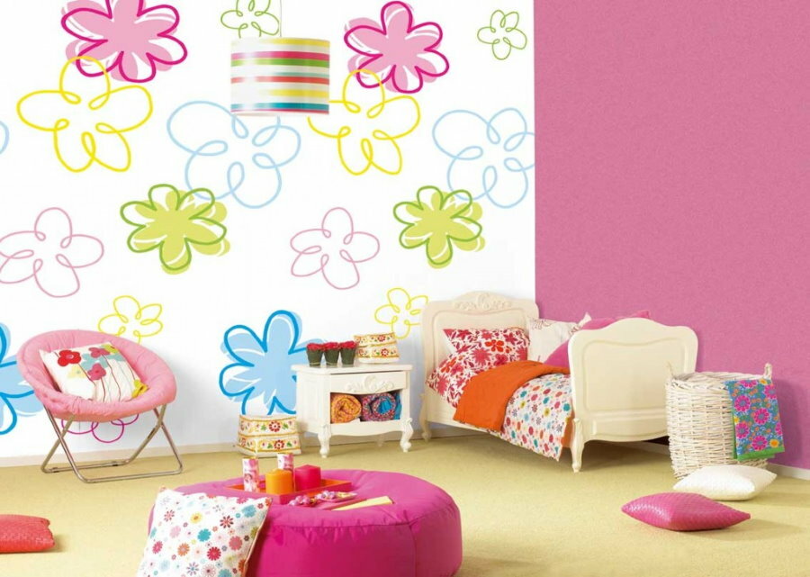 Painted flowers on the white wall of the children's room