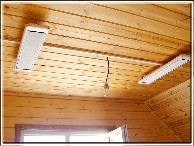 The IR-type ceiling heater is also suitable for wooden ceilings: it does not heat them up, and, accordingly, it is absolutely safe in terms of fire.