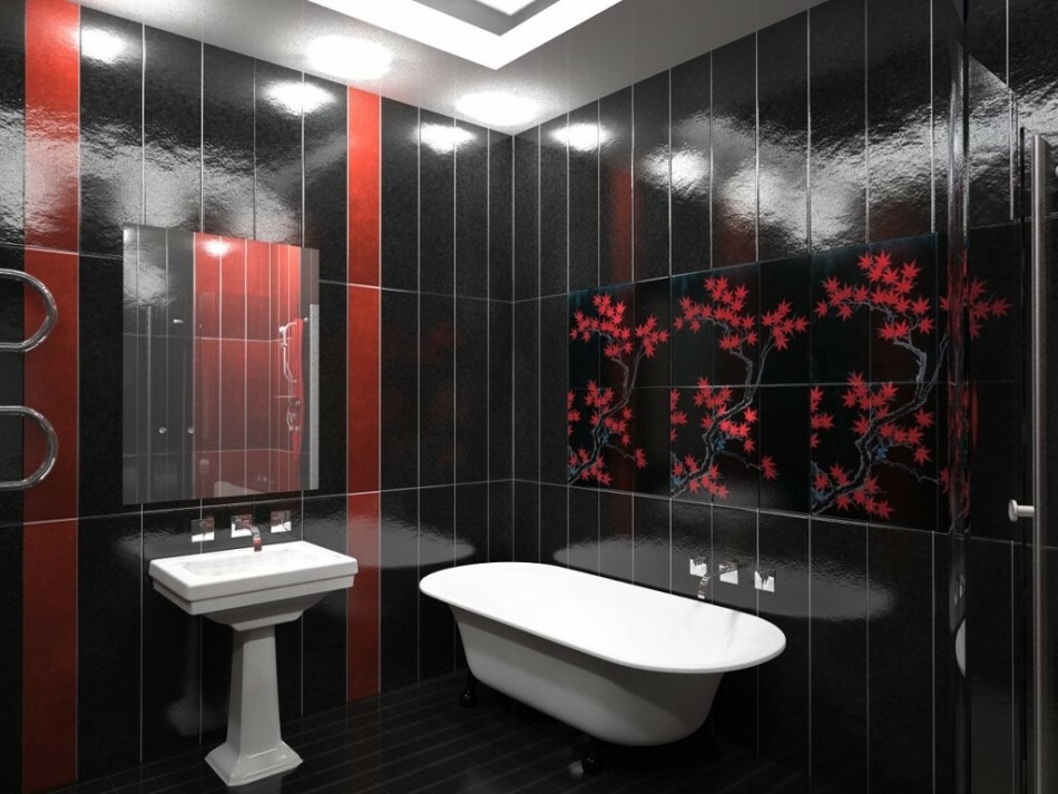 Augstas tehnoloģijas glancētas melnas flīzes uz vannas istabas sienas