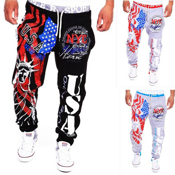 Pantaloni sportivi da uomo in pizzo Top da corsa Pantaloni sportivi hip-hop con stampa bandiera americana statua della libertà