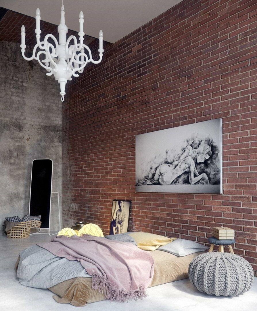 Plytų sienų dekoras vyrų miegamajame