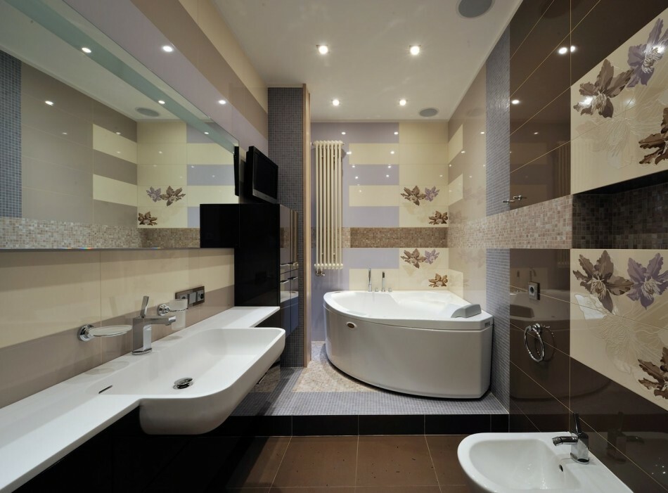 Baignoire acrylique d'angle dans une salle de bain high-tech