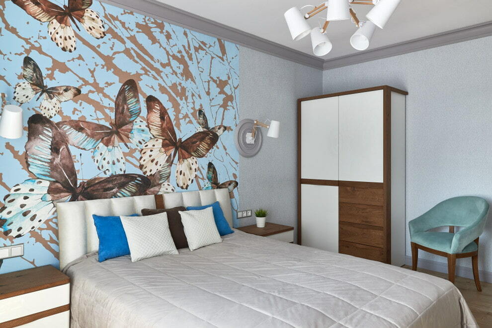 Wallpaper with photo printing in the interior of a gray room