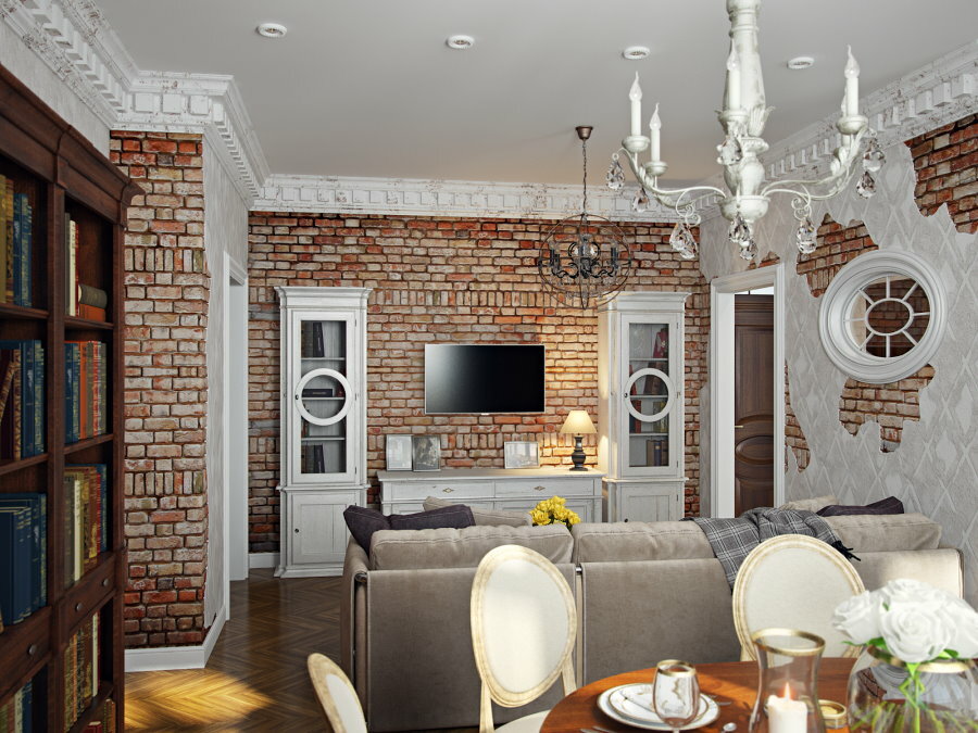 Stylish room with red brick wallpaper