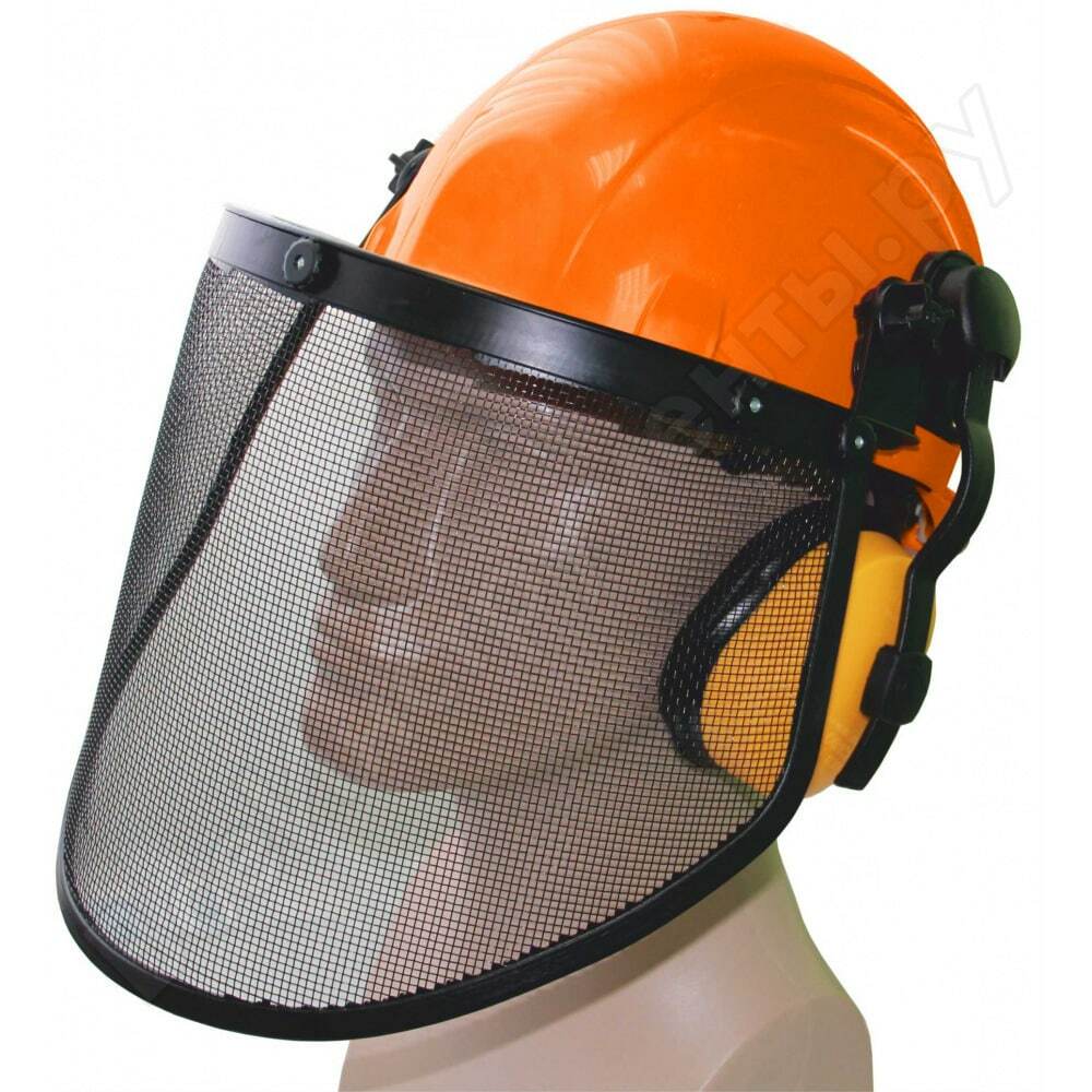 Lumberjack set (orange helmet with ratchet mechanism + mesh shield + headphones) rosomz ksn64 storm favorit steel 75714 + 04416 + 60105