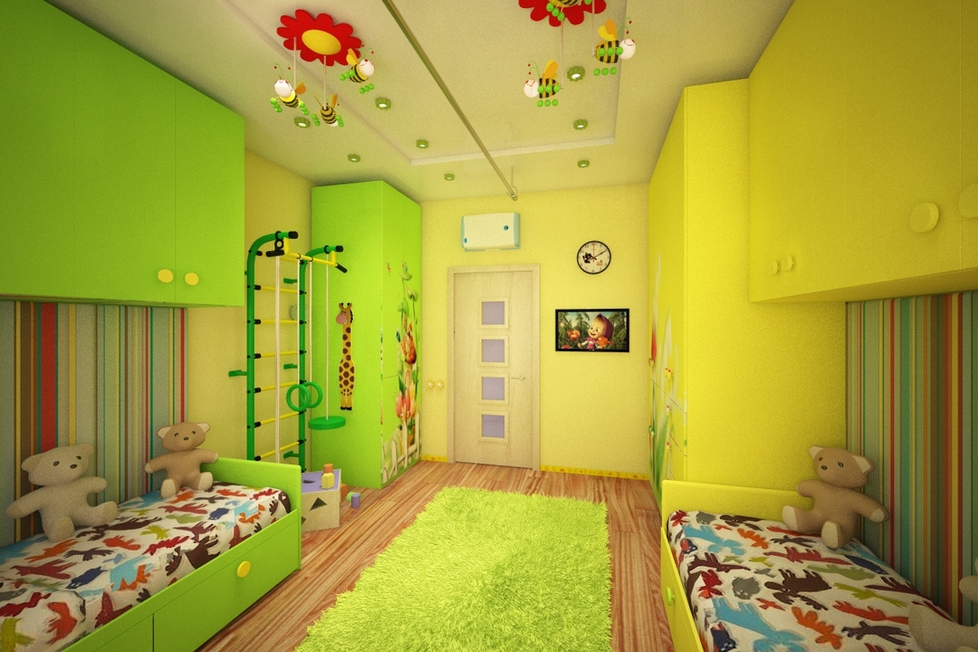 Diseño de una habitación infantil con techo combinado.