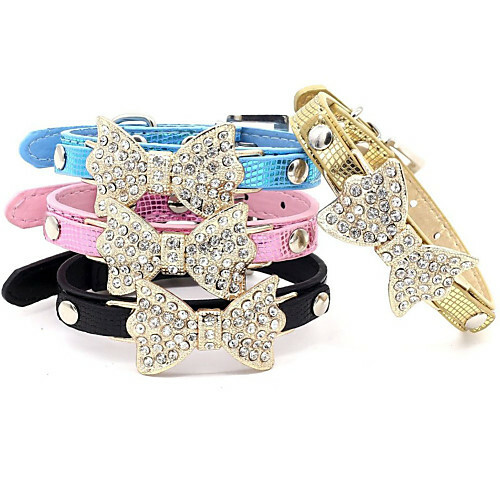 Cat Dog Collars Adjustable / Retractable Rhinestones Bowknot PU Leather Blue Pink Gold