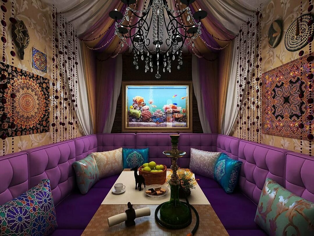 Etniskā stila purpursarkanas dzīvojamās istabas mēbeles