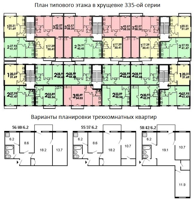 335 serisi bir panel evde Kruşçev için yerleşim şemaları
