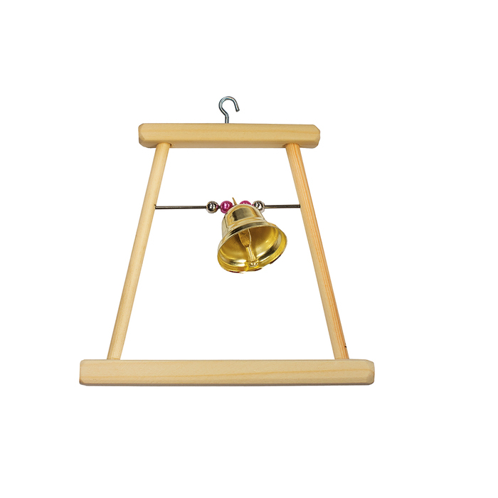 Ptičja ljuljačka u kavezu, drvena, srednja s perlicama i zvonom, 14,5 x 0,8 x 15 cm