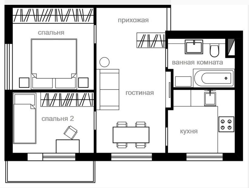 Esquema de reurbanización para una pieza de kopeck de khrushchev en un apartamento de tres habitaciones