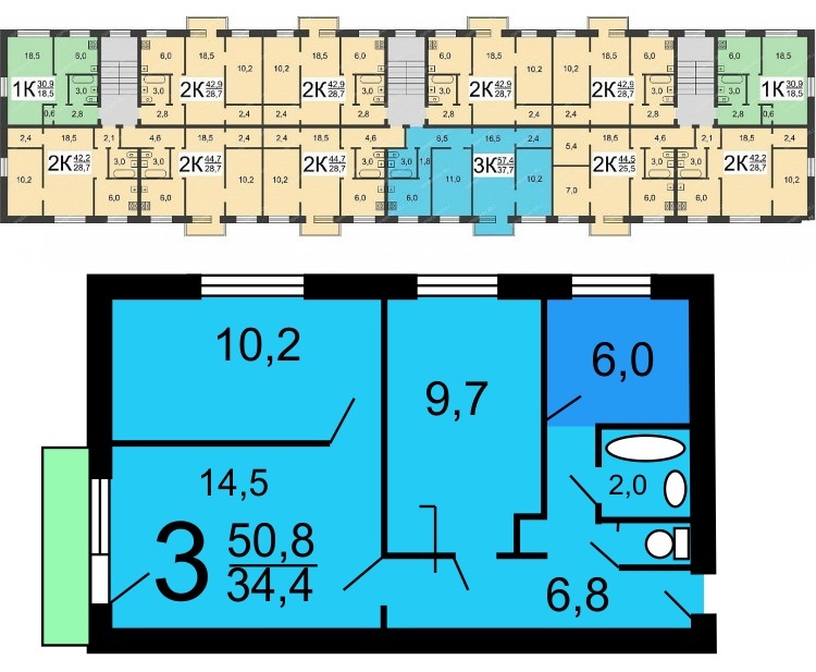Grundrissschema eines Backstein-Chruschtschows in einem Haus der Serie I-447S-54