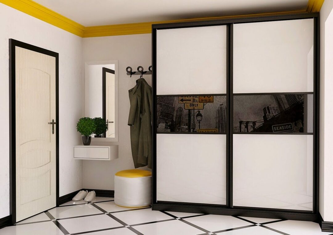 Pasillos al pasillo con armario: percha, otomana y otras opciones, foto.