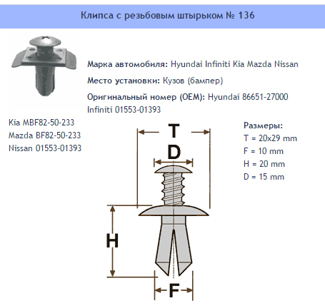 Clipe nº 136 para-choque Hyundai Infiniti Kia Mazda Nissan BF8250233, 0155301393