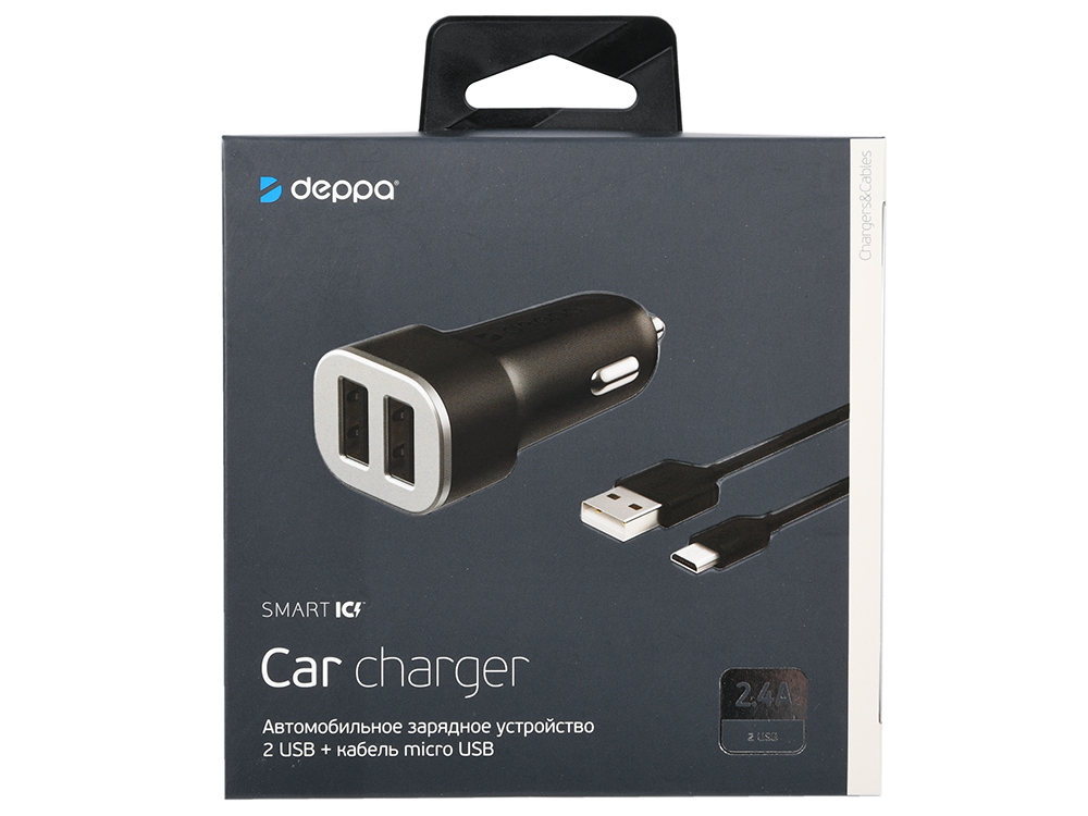 Car charger Deppa 2 USB 2.4A + micro USB cable, black