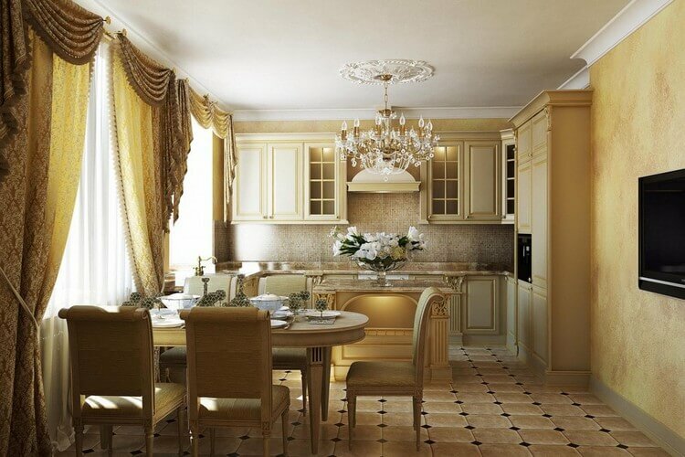 Madingi užuolaidos virtuvėje interjeras klasikiniu stiliumi