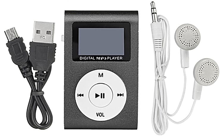 Um MP3 player comum com fones de ouvido pode servir como dispositivo de armazenamento de música.