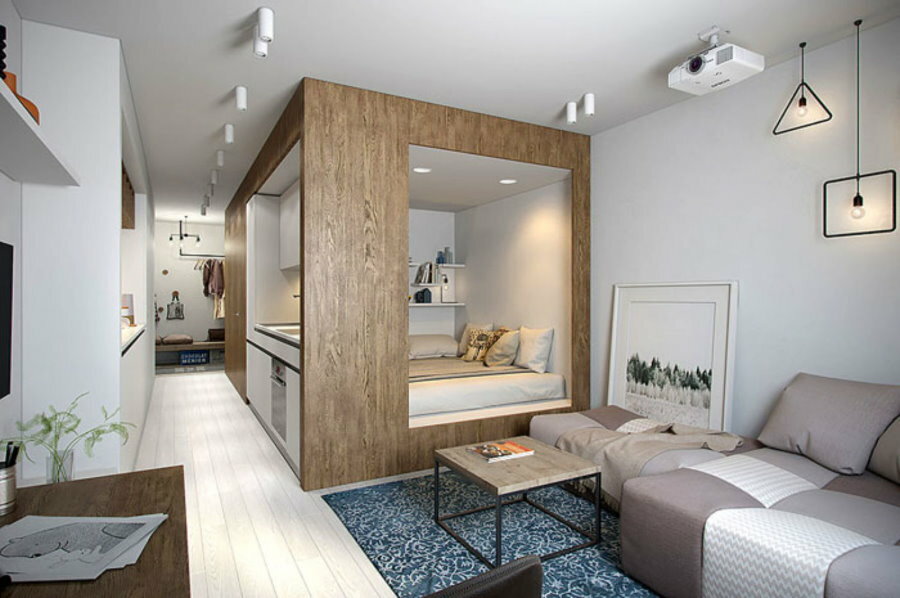 Iebūvēta gulta studijas tipa dzīvoklī