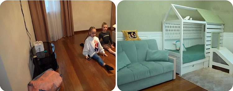 Um pequeno sofá dobrável com estofamento de veludo foi colocado no quarto do filho