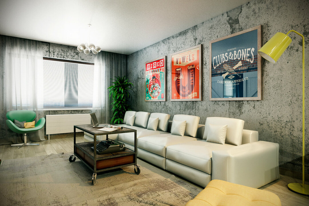 Plakāti uz dzīvojamās istabas sienas bēniņu stilā