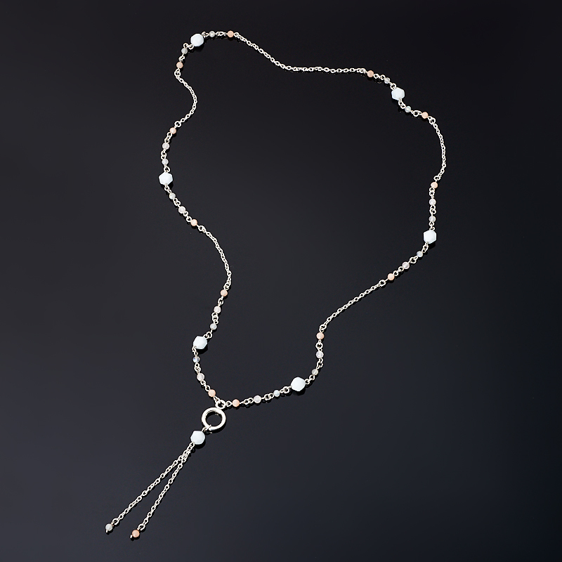 Perler blander labrador, rosenkvarts, solsten (bij. legering) (kæde) langskåret 72 cm
