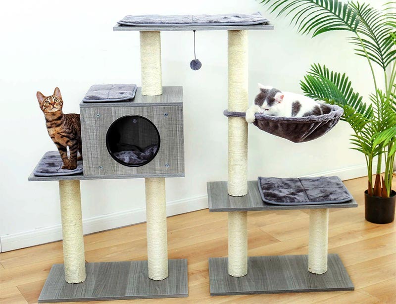 Offer your pet a cat house with hanging toys and platforms high up from where he can view the room. Then, in your absence, he will not be so bored, and he will find something to do without the wallpaper and armrests of the sofa.