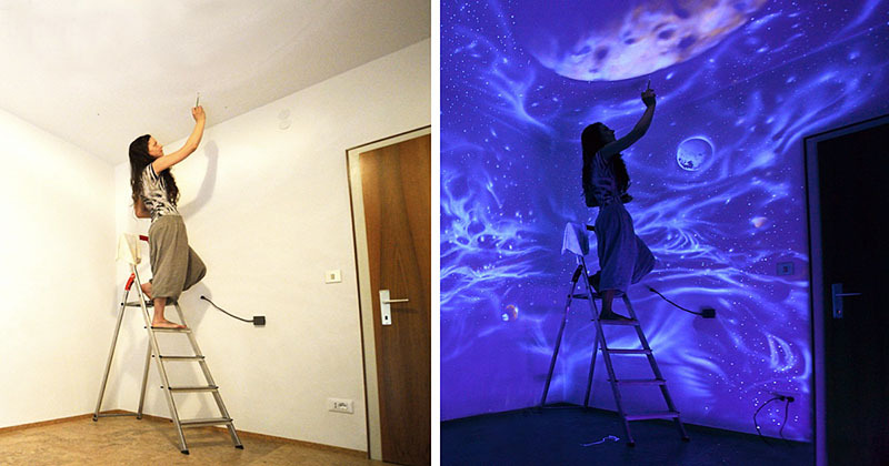 An interesting solution is to use a special paint in the wall painting that glows in the dark. With such an interesting technique, you will present the interior with hidden opportunities that will only appear under certain circumstances. It's quite in the spirit of being invisible
